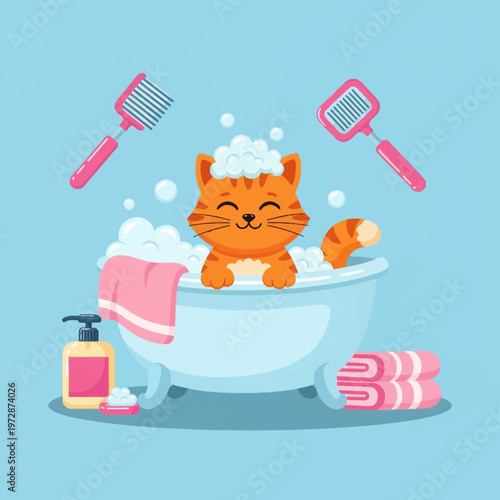 Vector illustration of a smiling orange tabby cat taking a bubble bath in a white clawfoot tub with pink towels, a shampoo bottle, and grooming brushes on a blue background.