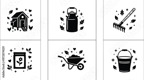 Gardening and farming tools with chicken house bucket and jar