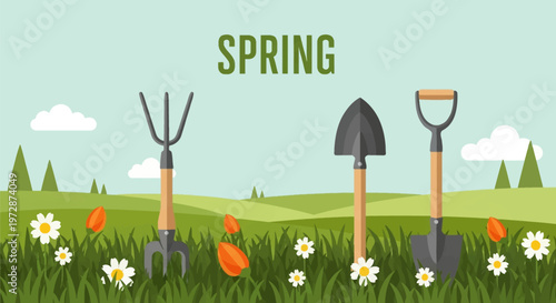 Spring gardening vector illustration featuring hand tools like a pitchfork, shovel, and spade in a grassy field with white daisies and orange flowers under a blue sky with clouds.