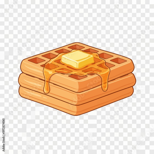 Vector illustration of a stack of three square Belgian waffles topped with a melting square of butter and dripping golden maple syrup, isolated on a white transparent background.