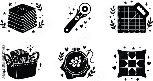 Sewing tools and quilt motifs flat design