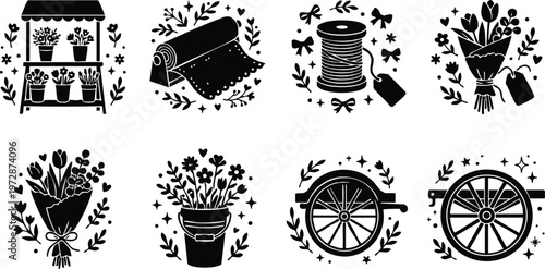 Black and white floral bouquet spool and wheel collection vector art
