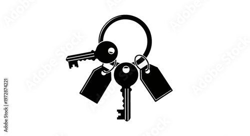 Black silhouette illustration of a keychain with two mechanical metal keys and two blank rectangular identification tags attached to a large circular ring on a white background.