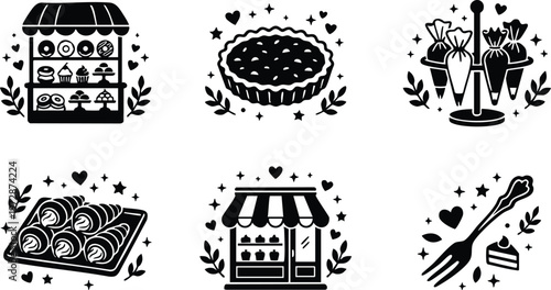 Black and white bakery shop display with pastries croissants pie and fork with cake vector art