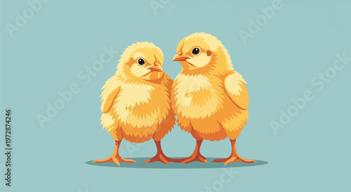Two small yellow fluffy baby chicks standing together on a solid light blue background. Digital vector illustration of young poultry birds with detailed feathers and beaks.