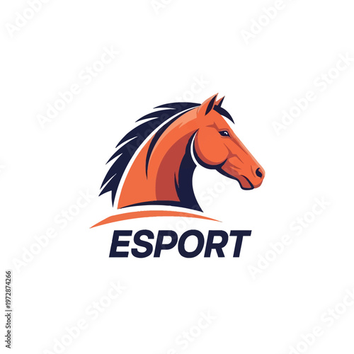 Vector illustration of a horse head mascot logo for esport teams, featuring an orange stallion profile with a dark blue mane and the text esport isolated on a white background.