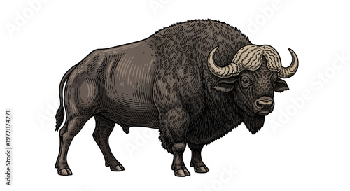 Detailed woodcut engraving illustration of a powerful African Cape Buffalo featuring intricate cross-hatching, large curved horns, and thick textured fur, isolated on a white background.