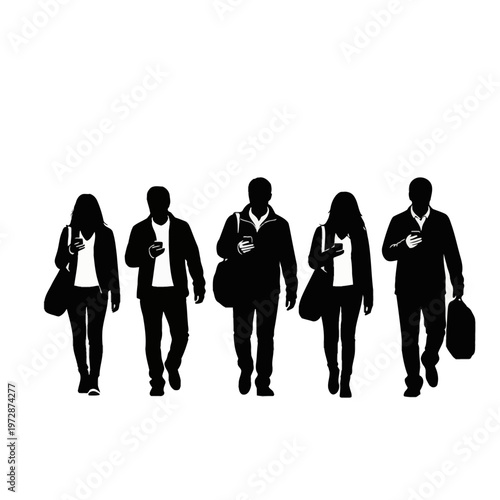 Full length black silhouettes of five young diverse people walking forward in a row while holding and using smartphones, carrying bags and backpacks on a white background.
