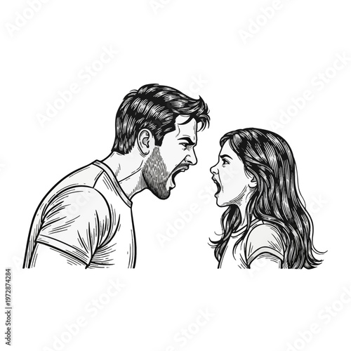 Vector illustration in engraving style showing an angry man yelling at a young girl, both faces in profile while screaming at each other, representing domestic conflict and argument.