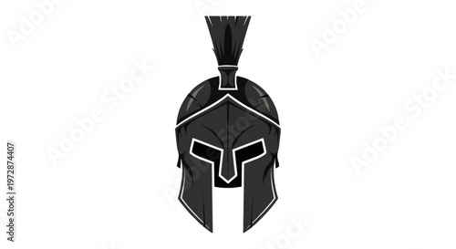 Black Spartan helmet vector illustration with a plume and eye slits. Ancient Greek warrior headgear isolated on white. Roman gladiator armor for logos and graphic design projects.