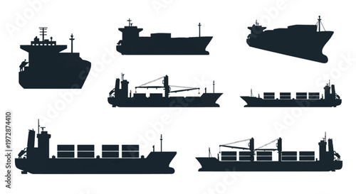 Set of seven container ship and cargo vessel silhouettes isolated on white. Includes bulk carriers, tankers, and commercial freight transport ships for logistics and global trade icons.