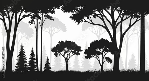 Monochrome forest silhouette landscape featuring layered black and grey vintage style trees, pine spruce and deciduous variations on white background with grassy foreground and depth.