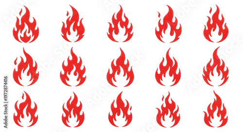 Collection of fifteen red flame icons with a hand-drawn crayon texture isolated on a white background. Set includes various bonfire and fire shapes for graphic design projects.