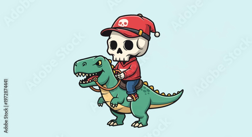 Vector illustration of a cartoon skull mascot wearing a red hat and hoodie riding a green Tyrannosaurus Rex dinosaur with a saddle and bridle, isolated on a light blue background.