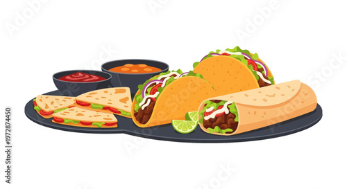 Vector illustration of a Mexican food platter featuring hard shell beef tacos, a large burrito wrap, sliced quesadillas, and two bowls of dipping salsa and sauce on a dark tray.