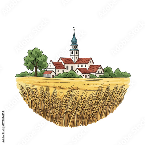 Hand-drawn sketch of a traditional European village with a church steeple and red roof houses situated behind a golden harvest wheat field in a rural landscape on white background.