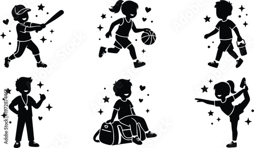 Children playing baseball basketball walking stretching and resting