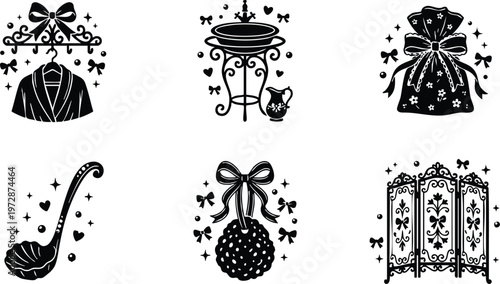 Black and white vintage dressing gown hanger washbasin sack ladle pomander and decorative room screen vector art