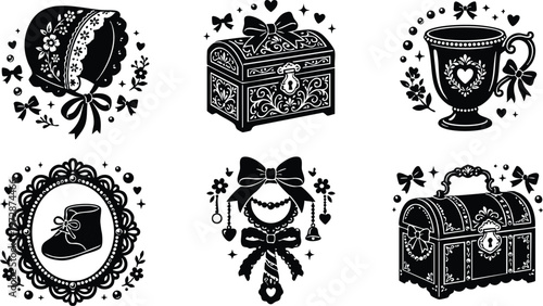 Black and white vintage baby bonnet shoe treasure chest cup silhouette vector art