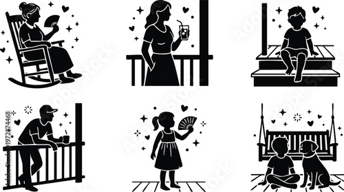 Black and white silhouettes of family members relaxing with pets and drinks on porch