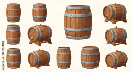 Collection of various wooden barrels and casks in cartoon vector style, featuring upright kegs and horizontal wine barrels on stands with taps, metal bands, and riveted hoops.