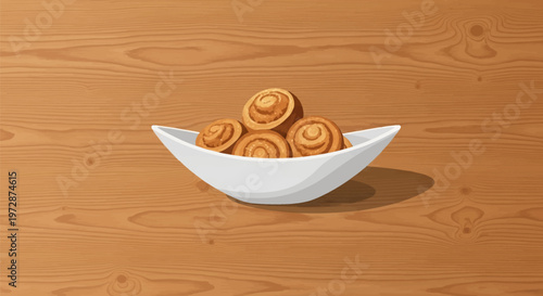 Vector illustration of a white boat-shaped ceramic bowl containing several cinnamon rolls with swirl patterns, placed on a light brown wood grain texture background with knots.