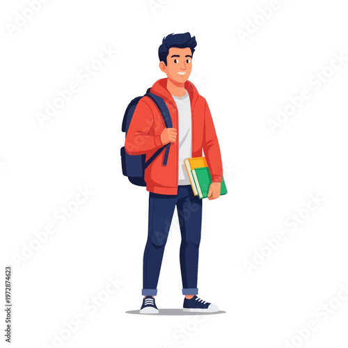 Vector illustration of a smiling young male student character wearing an orange hoodie and blue pants, carrying a backpack and holding textbooks, isolated on a white background.