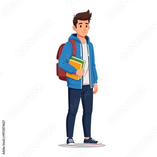 Vector illustration of a young male university student character standing on white background, wearing blue hooded sweatshirt, carrying red backpack and holding textbooks.