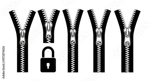 Set of five black and white zipper vector icons with open sliders and teeth detail, including a black padlock silhouette isolated on a white background for sewing and fashion design.