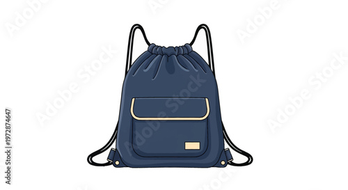 Navy blue drawstring bag illustration featuring a front pocket with cream trim and black cord straps, isolated on white background. Detailed vector of a cinch sack backpack.