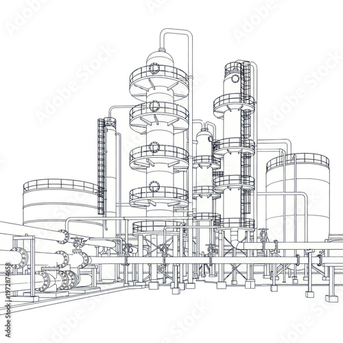Foto Detailed Wireframe Blueprint of an Industrial Chemical Plant Structure