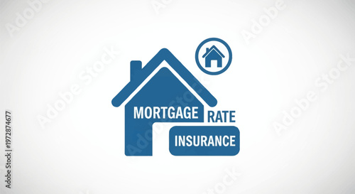 Blue house silhouette graphic with integrated white text reading mortgage rate insurance, accompanied by a smaller circular house icon, isolated on a white background.