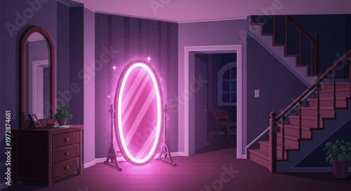 2D vector illustration of a dark purple house hallway interior at night featuring a large glowing pink magical portal mirror with sparkles, a wooden staircase and a dresser unit.