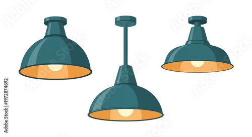 Vector illustration of three industrial style ceiling lamps featuring dark teal metal dome shades and warm orange glowing interior fixtures isolated on a white background.