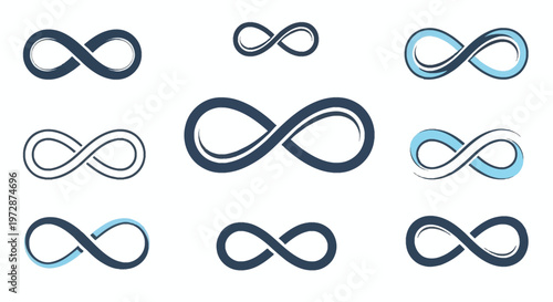 Collection of nine infinity symbol vector icons featuring different styles, including solid, outlined, and swoosh designs in dark blue and light blue isolated on a white background.