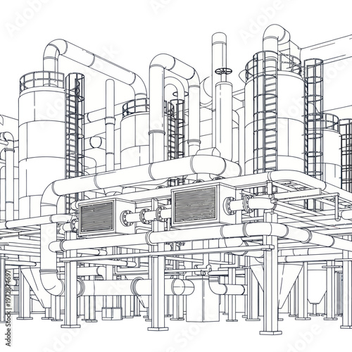 Detailed Wireframe Blueprint of an Industrial Chemical Plant with Complex Piping and Storage Tanks.