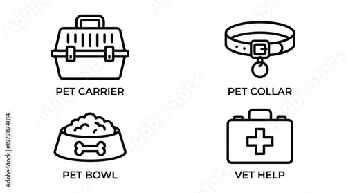 Pet Care Icons Set, Vector Pet Carrier, Collar, Bowl, Vet Help, Line Style Illustration for Animal, Pet Shop, Veterinary Clinic