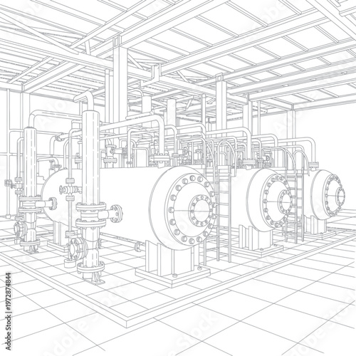 Detailed Wireframe Blueprint of Industrial Chemical Plant Machinery.