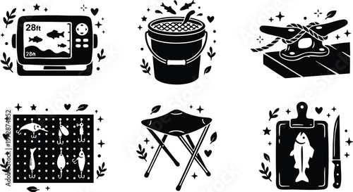 Black and white fishing gear set with depth finder bucket hooks stool and cutting board