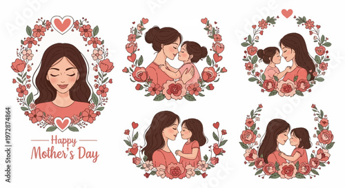 Illustration set of Mother's Day graphics featuring a woman and her daughter in affectionate poses, decorated with pink and red floral wreaths, roses, and hearts on a white background.