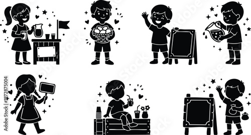 Children running and selling lemonade at stand with signs