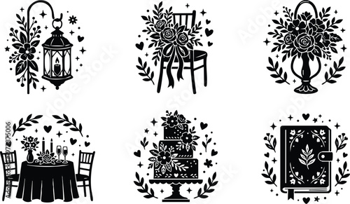 Black and white wedding floral lantern chair cake and book vector art set
