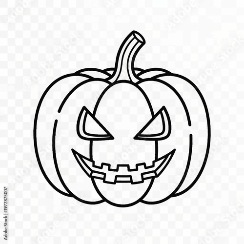Black and white line art illustration of a carved Halloween pumpkin jack-o'-lantern with a scary face, sharp triangular eyes and a jagged toothy grin, isolated on a grid background.