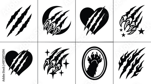 Black and white claw scratch marks with stars heart and moon in vector art set