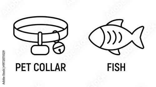 Pet Collar and Fish Vector Icons, Black and White Line Art, Pet Accessories