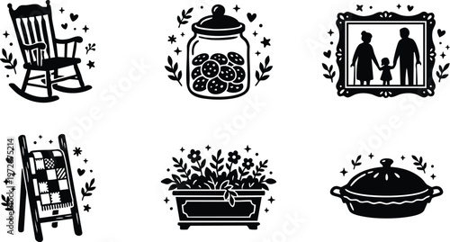 Black and white country home icons rocking chair cookie jar family photo quilt ladder flower box and casserole dish vector art