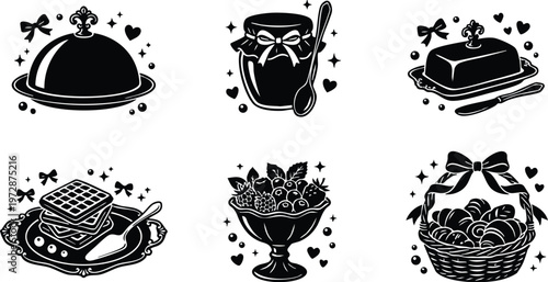 Breakfast items with honey jar and pastries basket