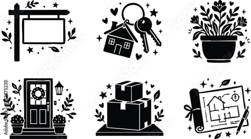 Black and white home keys plant door packages blueprint vector art