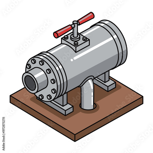Industrial Pipe System with Valve and Flanges on a Wooden Base.