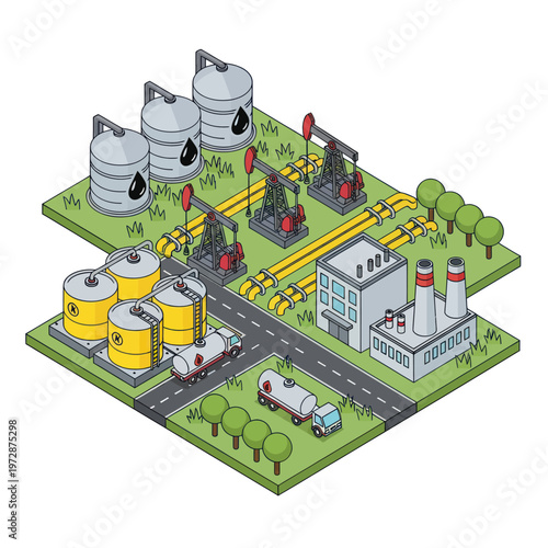 Industrial Oil Extraction and Processing Facility with Pumpjacks and Storage Tanks.